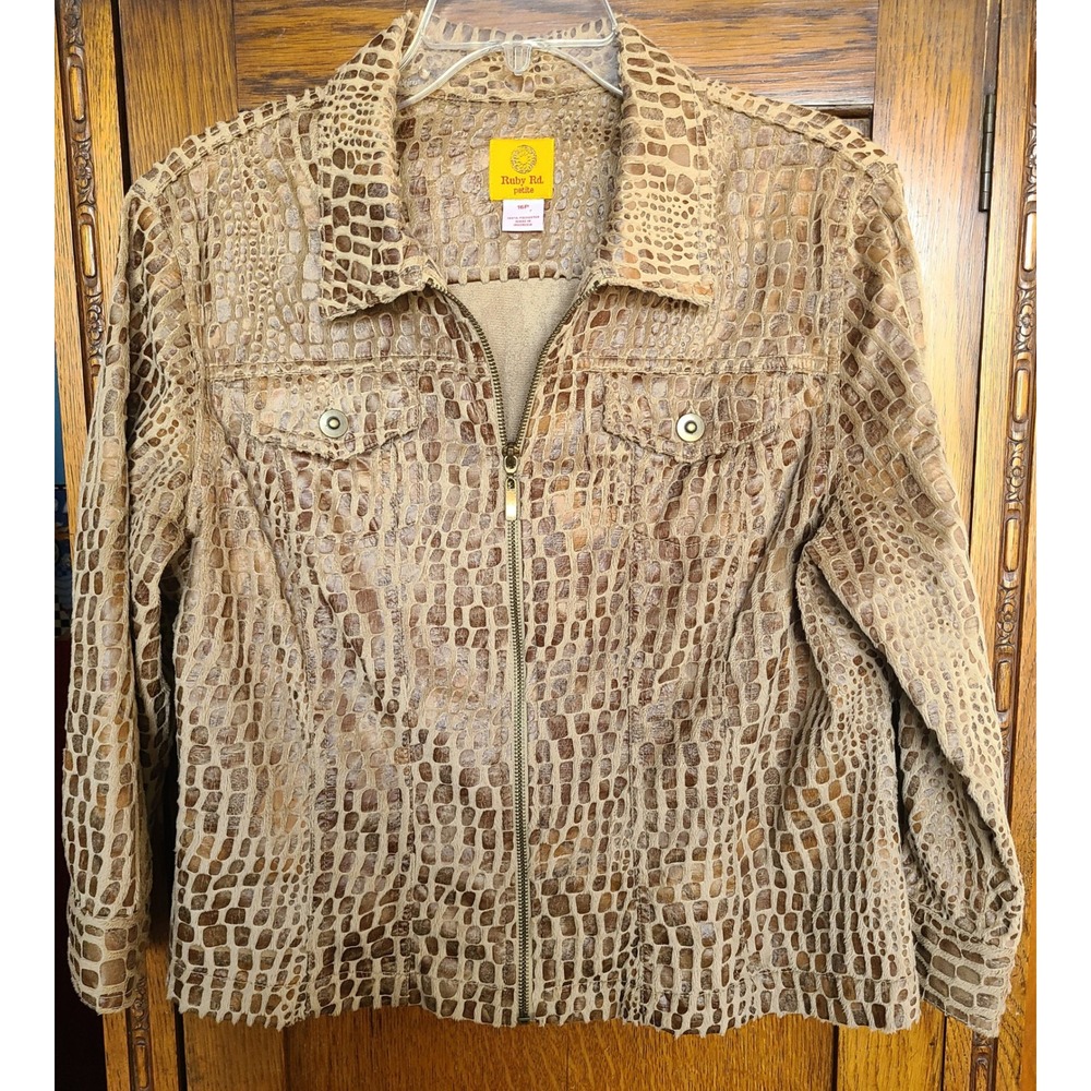 Ruby Rd Petite Brown Crocodile Print Zip Front Textured Jacket Size 16P